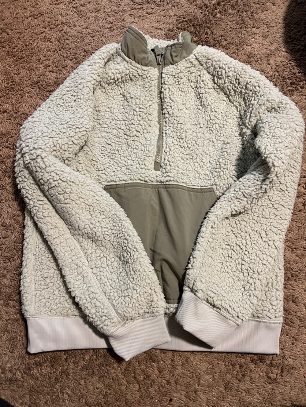 Cozy Cream Sherpa Half-Zip Pullover with Olive Pocket